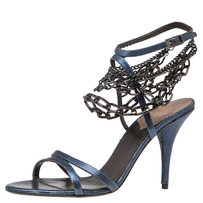 Pre-owned Roberto Cavalli Metallic Blue Leather Ankle Chain/strap Sandals Size 38