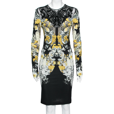 Pre-owned Roberto Cavalli Multicolor Printed Jersey & Embellished Tulle Long Sleeve Dress M