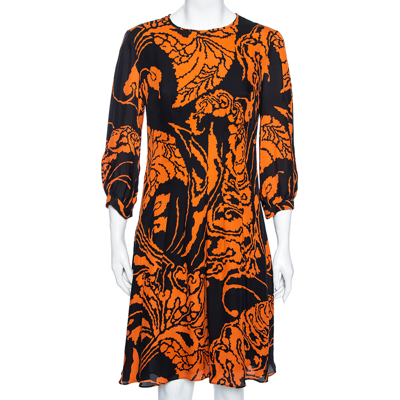 Pre-owned Gucci Black And Orange Printed Pleated Front Flared Dress M