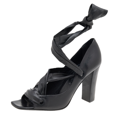 Pre-owned Saint Laurent Black Leather Open Toe Ankle Wrap Pumps Size 37.5