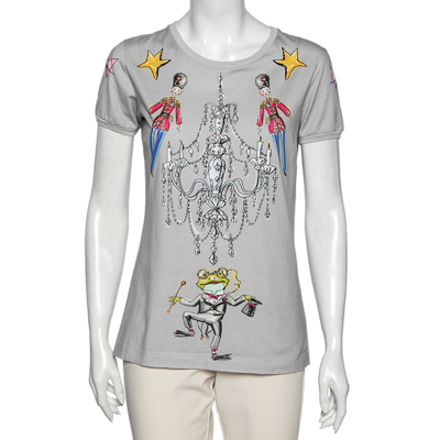 Pre-owned Dolce & Gabbana Grey Printed Cotton Crew Neck Short Sleeve Top M