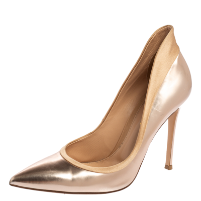Pre-owned Gianvito Rossi Rose Gold/beige Leather And Suede Pointed Toe Pumps Size 39