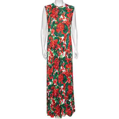 Pre-owned Dolce & Gabbana Red & Green Floral Printed Jersey Maxi Dress Xl