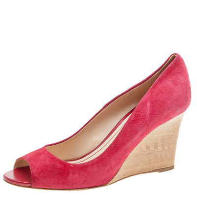 Pre-owned Tod's Crimson Red Suede Peep Toe Wedge Pumps Size 40