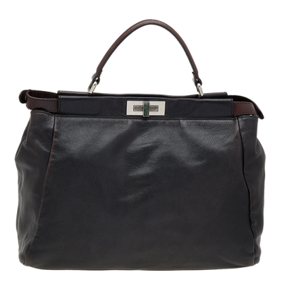 Pre-owned Fendi Black/dark Brown Leather Large Peekaboo Top Handle Bag