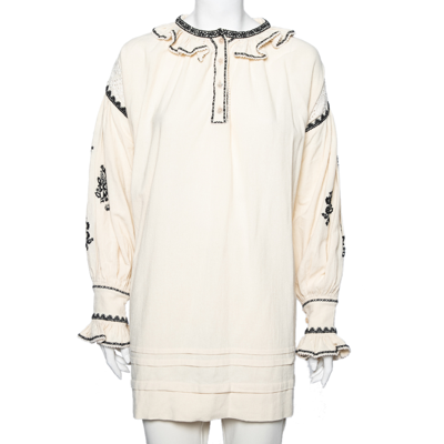 Pre-owned Isabel Marant Étoile Off White Embroidered Ruffled Oversized Top S In Cream