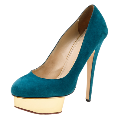 Pre-owned Charlotte Olympia Teal Blue Suede Dolly Platform Pumps Size 39