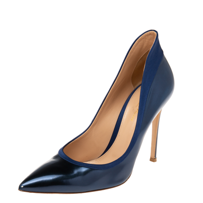 Pre-owned Gianvito Rossi Metallic Blue Patent And Satin Pointed Toe Pumps Size 41
