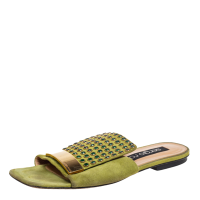 Pre-owned Sergio Rossi Green Suede Studded Flat Slides Size 36.5