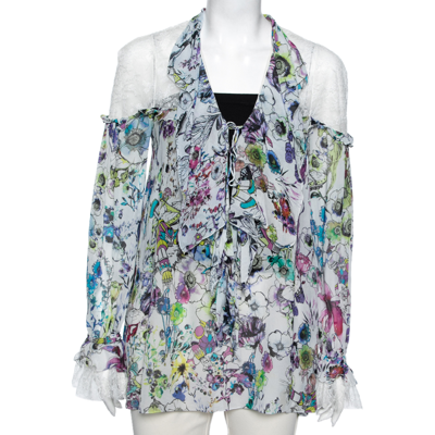 Pre-owned Roberto Cavalli Multicolor Floral Printed Chiffon And Lace Ruffle Detailed Blouse M