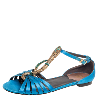 Pre-owned Roberto Cavalli Blue Satin Embellished Flat Sandals Size 38