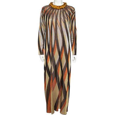 Pre-owned Gucci Multicolor Patterned Lurex Knit Embellished Neck Maxi Dress M