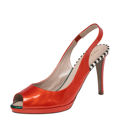 Pre-owned Sergio Rossi Orange Patent Leather Peep-toe Platform Slingback Pumps Size 38
