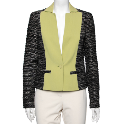 Pre-owned Elie Saab Black & Green Tweed Crepe Paneled Cropped Blazer S