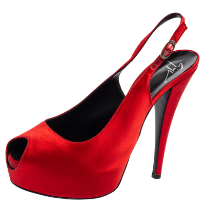 Pre-owned Giuseppe Zanotti Red Satin Peep Toe Slingback Pumps Size 41