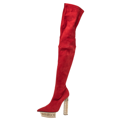 Pre-owned Versace Red Suede Platform Over The Knee Boots Size 39