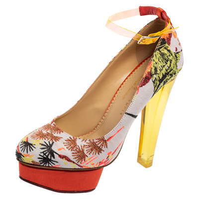 Pre-owned Charlotte Olympia Multicolor Embroidered Fabric Dolly Ankle-strap Pumps Size 40