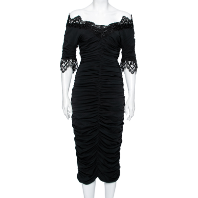 Pre-owned Dolce & Gabbana Black Silk Lace Trimmed Ruched Midi Dress M