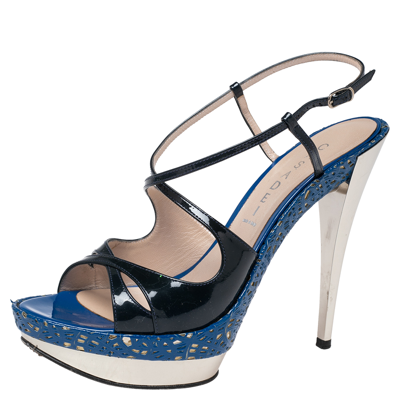 Pre-owned Casadei Navy Blue Patent Leather Laser-cut Platform Strappy Sandals Size 41