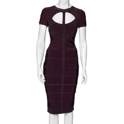 Pre-owned Herve Leger Plum Embellished Bandage Silva Cut-out Bodycon Dress S In Purple
