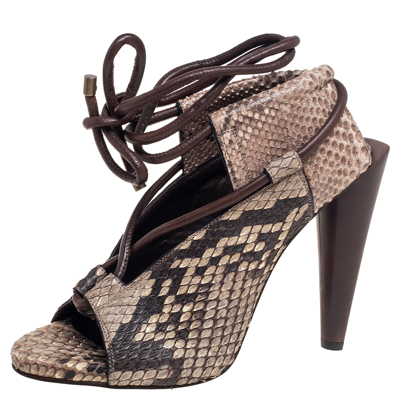 Pre-owned Roberto Cavalli Brown/beige Python Leather Open Toe Ankle-tie Sandals Size 38