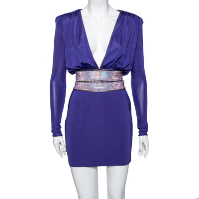 Pre-owned Balmain Purple Jersey Embellished Waist Short Dress S