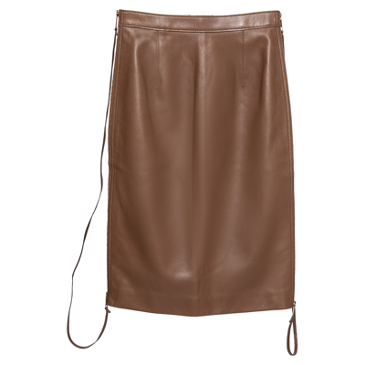 Pre-owned Burberry Brown Leather Double Zip Pencil Midi Skirt Xs