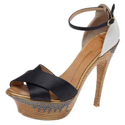 Pre-owned Giuseppe Zanotti Tri-color Satin And Leather Embellished Platform And Heel Ankle Strap Sandals Size 40 In Black