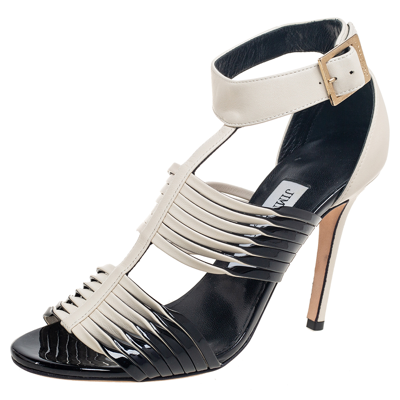 Pre-owned Jimmy Choo Black/cream Patent And Leather Strappy Ankle Sandals Size 36