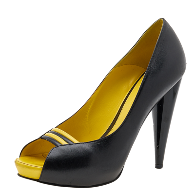 Pre-owned Alexander Mcqueen Black/yellow Leather Peep Toe Pumps Size 37.5