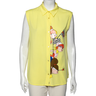 Pre-owned Love Moschino Yellow Printed Twill Sleeveless Shirt L