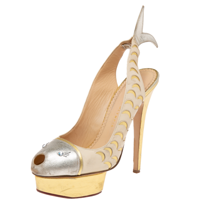 Pre-owned Charlotte Olympia Gold Leather Catch Of The Day Platform Slingback Pumps Size 39