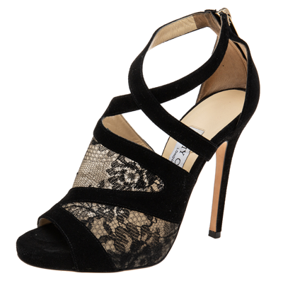 Pre-owned Jimmy Choo Black Lace And Suede Flyte Sandals Size 36.5