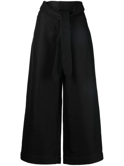 Vince Tie Front Crop Wide Leg Cotton & Linen Pants In Black