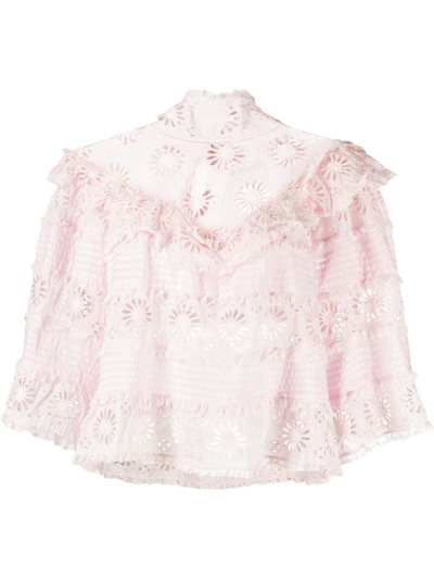 Isabel Marant Dawson Ruffled Lace-trimmed Broderie Anglaise Cotton And Silk-blend Blouse In Pink