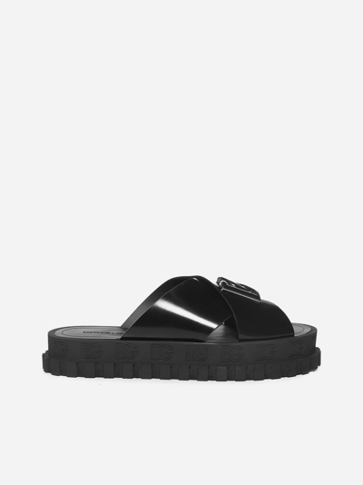 Dolce & Gabbana Leather Slides With Logo In Black