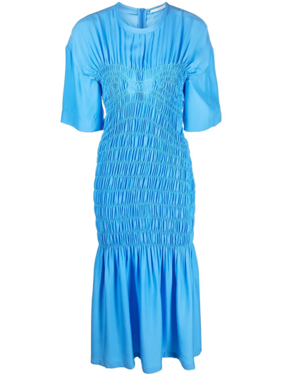 Stella Mccartney Smocked Silk-satin Midi Dress In Cerulean Blue