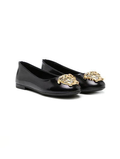 Versace Kids' Heart-motif Satin Ballerina Shoes In Black