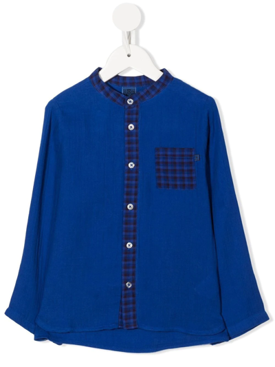 Bonton Kids' Check-trim Collarless Shirt In Blue