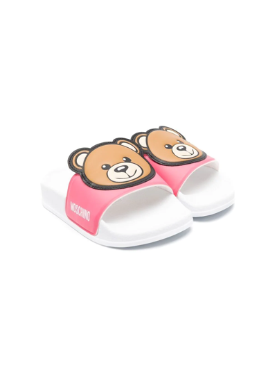 Moschino Kids' Teddy Logo-print Sliders In White