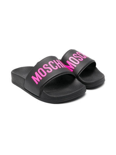 Moschino Kids' Logo Embossed Slides In Black