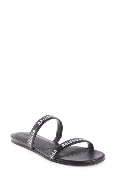 Balenciaga Logo Slide Sandal In Black/ White