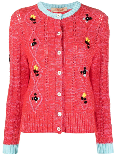 Cormio Oma Embroidered Cable-knit Cotton-blend Cardigan In Red