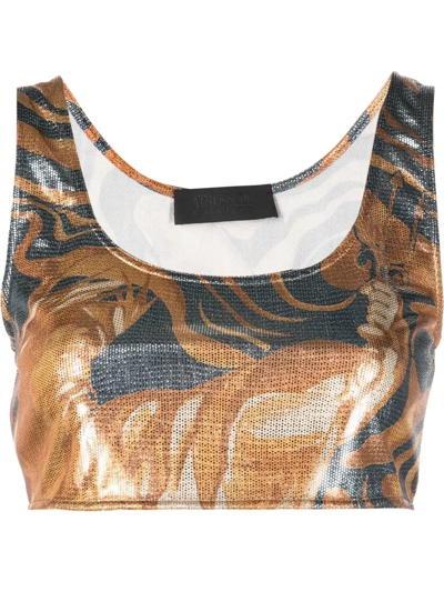 Alberta Ferretti Swirl Print Metallic Crop Top In Orange