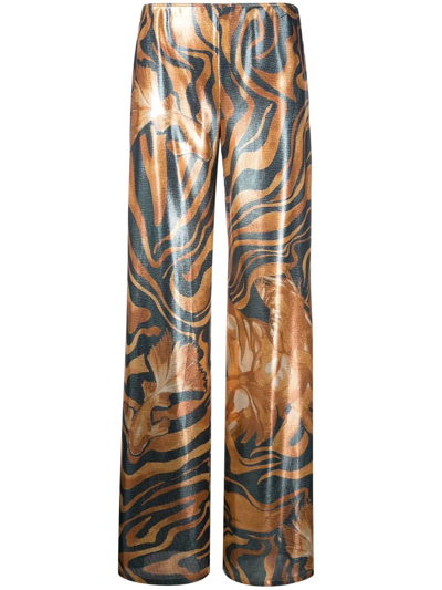Alberta Ferretti Straight Leg Shiny Printed Trousers In Blue/yellow