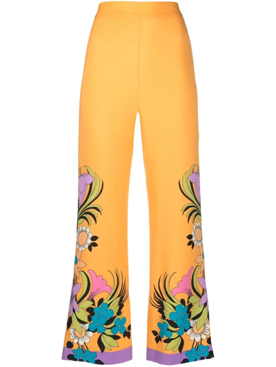 La Doublej Floral-print Flared Trousers In Orange