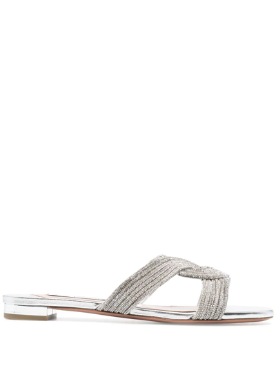 Aquazzura Gatsby Crystal-knot Flat Sandals In Silver