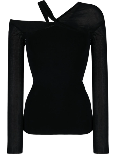 Helmut Lang Cold-shoulder Long-sleeve Twist Top In Black