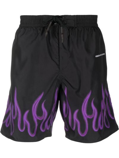 Vision Of Super Flame-print Drawstring Swim Shorts In Black