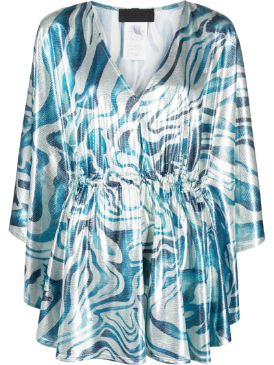 Alberta Ferretti Swirl Print Flared Sleeve Top In Silver